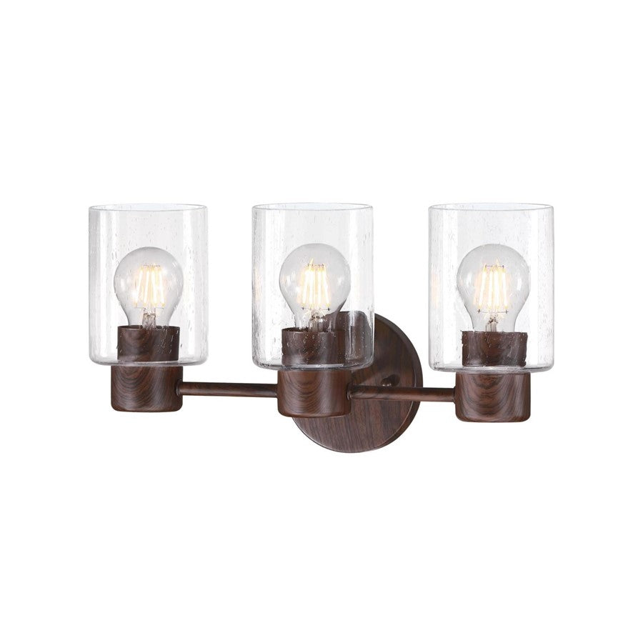 Westinghouse Sylvestre 15in 3-Light Vanity Light | Transitional Walnut and Clear Seeded Glass | Bathroom & Powder Room | 15 x 6 x 8 in | Model 6126500