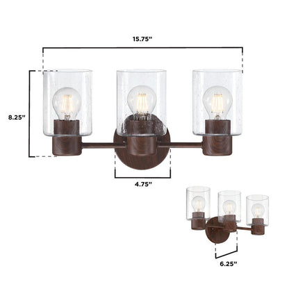 Westinghouse Sylvestre 15in 3-Light Vanity Light | Transitional Walnut and Clear Seeded Glass | Bathroom & Powder Room | 15 x 6 x 8 in | Model 6126500
