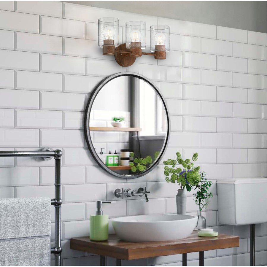 Westinghouse Sylvestre 15in 3-Light Vanity Light | Transitional Walnut and Clear Seeded Glass | Bathroom & Powder Room | 15 x 6 x 8 in | Model 6126500