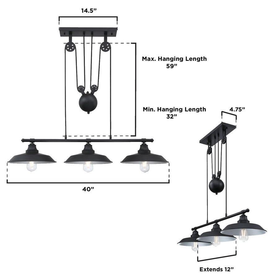 Westinghouse Iron Hill 40in 3-Light Pendant | Vintage Industrial Matte Black | Kitchen Island & Dining Room | 40 x 12 x 32 in | Model 6129400