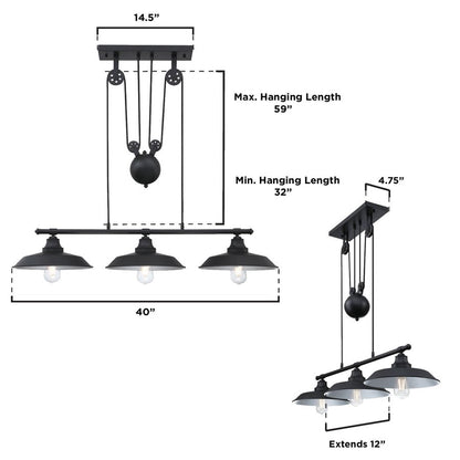 Westinghouse Iron Hill 40in 3-Light Pendant | Vintage Industrial Matte Black | Kitchen Island & Dining Room | 40 x 12 x 32 in | Model 6129400