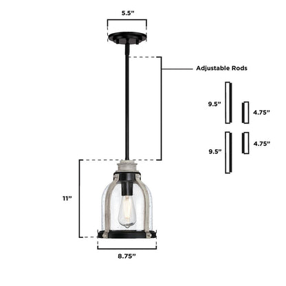 Westinghouse Cindy 11in 1-Light Pendant | Matte Black and Antique Ash with Clear Seeded Glass | Kitchen Island & Dining Room | Model 6129700