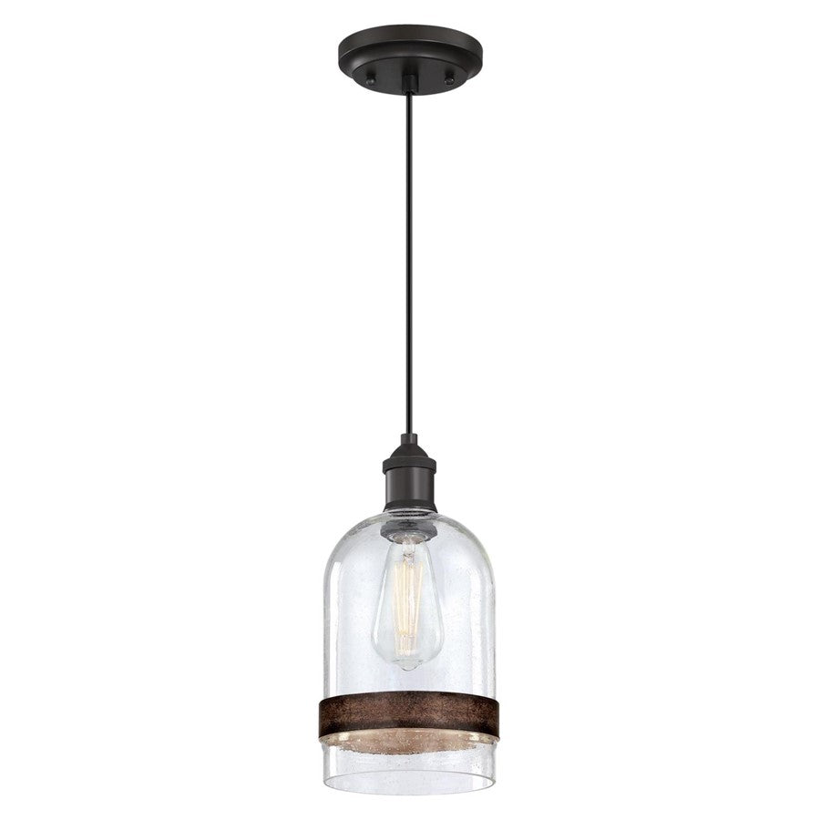 Westinghouse Tarrant 11in 1-Light Pendant | Black-Bronze and Clear Seeded Glass with Barnwood Band | Kitchen Island & Dining Room | Model 6129800
