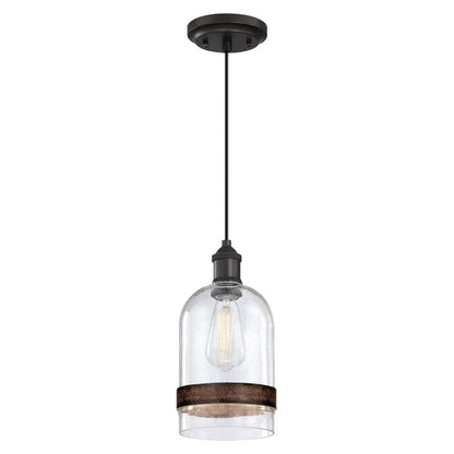 Westinghouse Tarrant 11in 1-Light Pendant | Black-Bronze and Clear Seeded Glass with Barnwood Band | Kitchen Island & Dining Room | Model 6129800