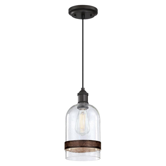 Westinghouse Tarrant 11in 1-Light Pendant | Black-Bronze and Clear Seeded Glass with Barnwood Band | Kitchen Island & Dining Room | Model 6129800