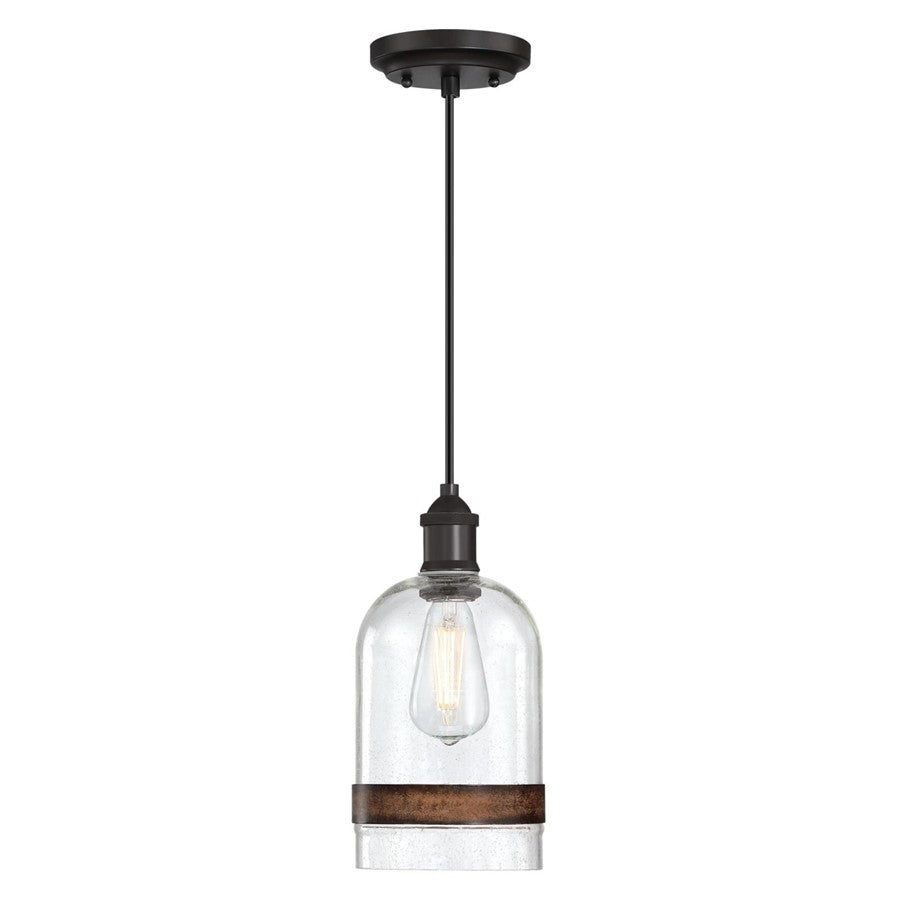 Westinghouse Tarrant 11in 1-Light Pendant | Black-Bronze and Clear Seeded Glass with Barnwood Band | Kitchen Island & Dining Room | Model 6129800