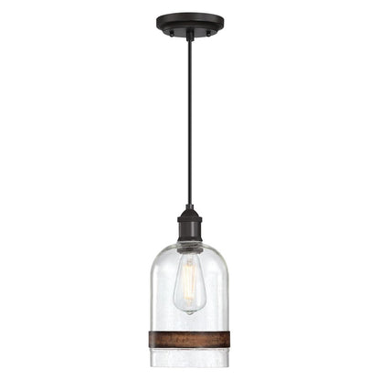 Westinghouse Tarrant 11in 1-Light Pendant | Black-Bronze and Clear Seeded Glass with Barnwood Band | Kitchen Island & Dining Room | Model 6129800