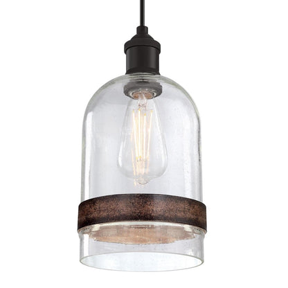 Westinghouse Tarrant 11in 1-Light Pendant | Black-Bronze and Clear Seeded Glass with Barnwood Band | Kitchen Island & Dining Room | Model 6129800