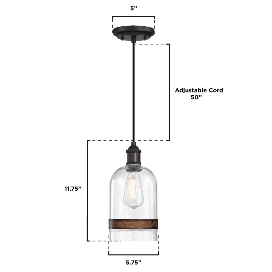 Westinghouse Tarrant 11in 1-Light Pendant | Black-Bronze and Clear Seeded Glass with Barnwood Band | Kitchen Island & Dining Room | Model 6129800