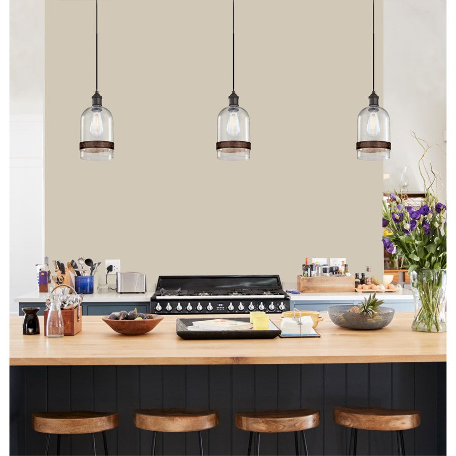 Westinghouse Tarrant 11in 1-Light Pendant | Black-Bronze and Clear Seeded Glass with Barnwood Band | Kitchen Island & Dining Room | Model 6129800