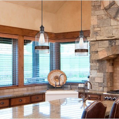 Westinghouse Tarrant 11in 1-Light Pendant | Black-Bronze and Clear Seeded Glass with Barnwood Band | Kitchen Island & Dining Room | Model 6129800