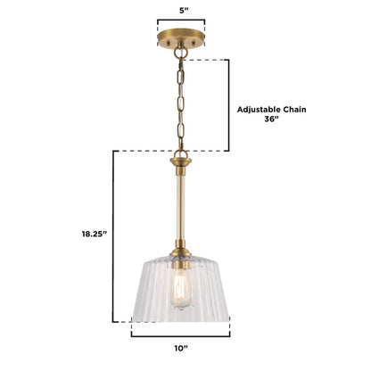 Westinghouse Aggie 10in 1-Light Pendant | Mid-Century Brushed Brass and Clear Ribbed Glass | Kitchen Island & Dining Room | Model 6130200