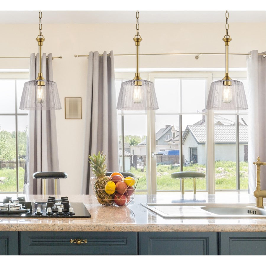 Westinghouse Aggie 10in 1-Light Pendant | Mid-Century Brushed Brass and Clear Ribbed Glass | Kitchen Island & Dining Room | Model 6130200