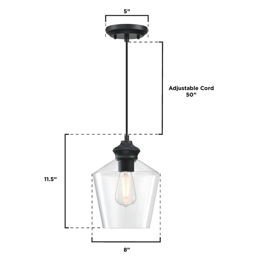 Westinghouse Ramsey 8in 1-Light Mini Pendant | Transitional Matte Black and Clear Glass | Kitchen Island & Dining Room | 8 x 8 x 11 in | Model 6132600