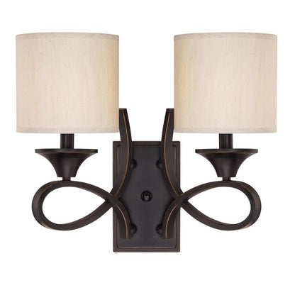 Westinghouse Lenola 16in 2-Light Wall Sconce | Traditional Amber Bronze and Beige Fabric Shade | Bathroom & Vanity | 16 x 7 x 13 in | Model 6302700