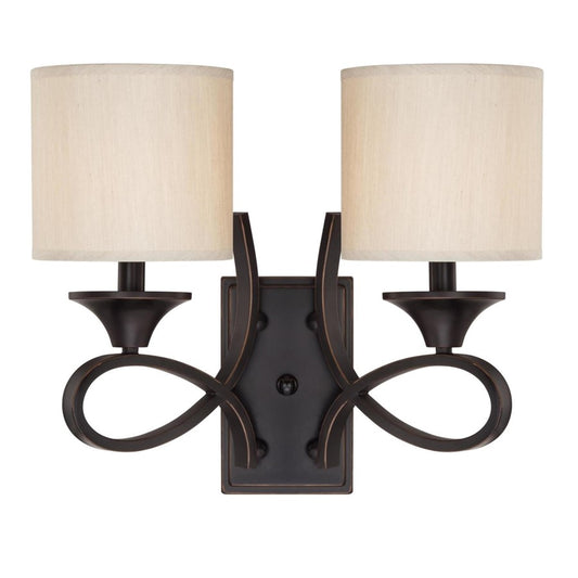 Westinghouse Lenola 16in 2-Light Wall Sconce | Traditional Amber Bronze and Beige Fabric Shade | Bathroom & Vanity | 16 x 7 x 13 in | Model 6302700