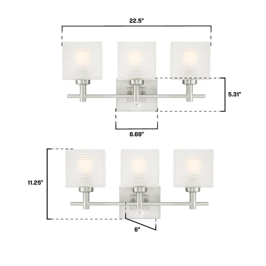 Westinghouse Alexander 22in 3-Light Wall Sconce | Contemporary Brushed Nickel and Rippled White Glass | Bathroom & Vanity | Model 6304000