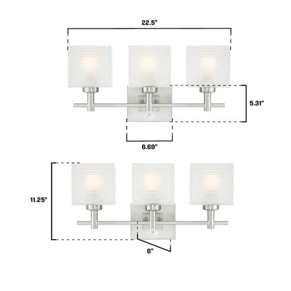 Westinghouse Alexander 22in 3-Light Wall Sconce | Contemporary Brushed Nickel and Rippled White Glass | Bathroom & Vanity | Model 6304000