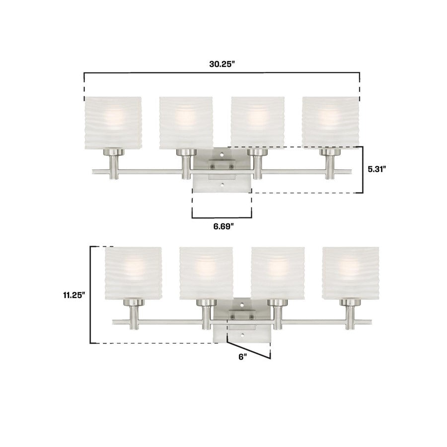Westinghouse Alexander 30in 4-Light Wall Sconce | Contemporary Brushed Nickel and Rippled White Glass | Bathroom & Vanity | Model 6304100