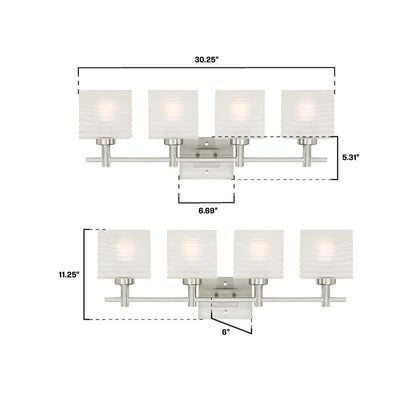 Westinghouse Alexander 30in 4-Light Wall Sconce | Contemporary Brushed Nickel and Rippled White Glass | Bathroom & Vanity | Model 6304100