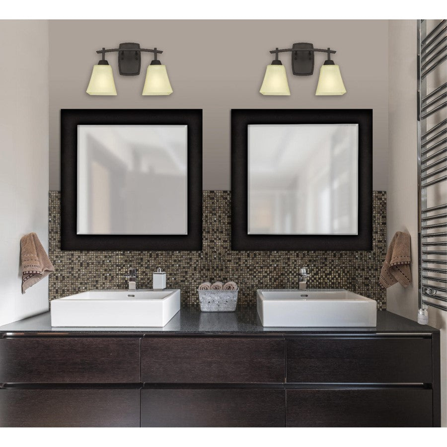 Westinghouse Midori 15in 2-Light Wall Sconce | Rustic Oil Rubbed Bronze and Amber Linen Glass | Bathroom & Vanity | 15 x 7 x 10 in | Model 6307400