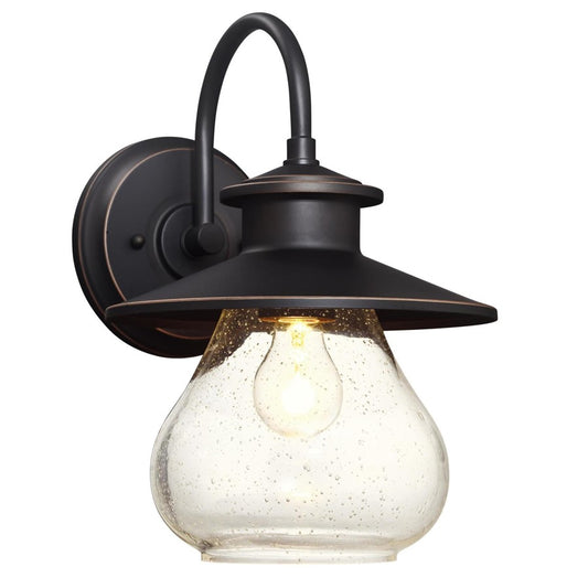 Westinghouse Delmont 14in 1-Light Outdoor Wall Sconce | Oil Rubbed Bronze Clear Seeded Glass | Entryway & Porch | 14 x 10 x 12 in | Model 6313500