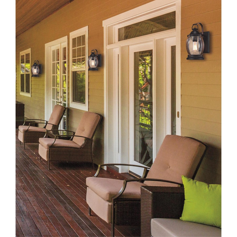 Westinghouse Canyon 8in 1-Light Outdoor Sconce | Rustic Textured Black and Barnwood Clear Glass | Covered Porch & Entryway | Model 6335100