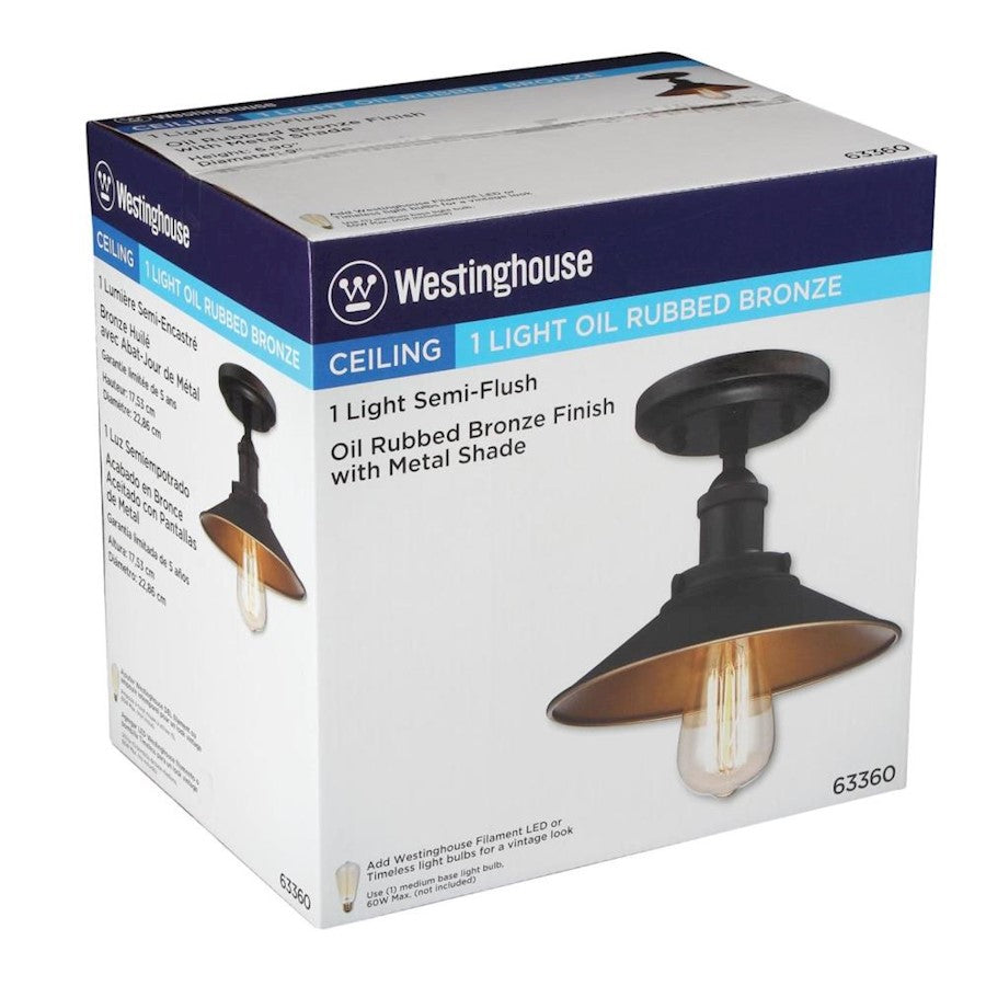 Westinghouse Louis 9in 1-Light Semi-Flush Mount | Vintage Oil Rubbed Bronze Metal Shade | Hallway & Bedroom | 9 x 9 x 7 in | Model 6336000