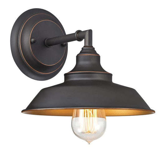 Westinghouse Iron Hill 9in 1-Light Wall Sconce | Vintage Oil Rubbed Bronze Metal Shade | Bathroom & Hallway | 8.75 x 9.75 x 8 in | Model 6344800