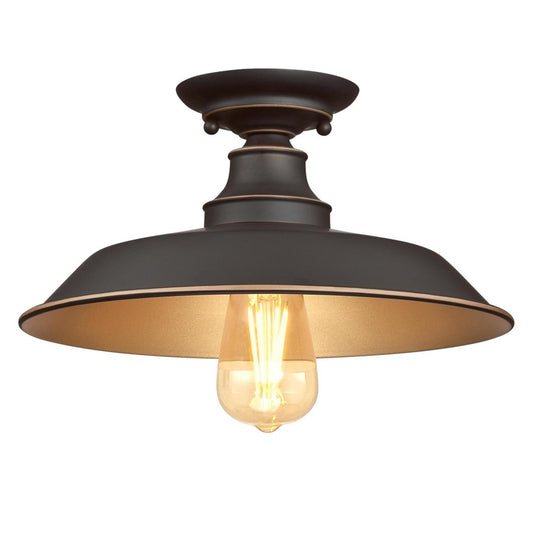Westinghouse Iron Hill 12in 1-Light Semi-Flush Mount | Vintage Oil Rubbed Bronze and Metal Shade | Hallway & Bedroom | Model 6370300