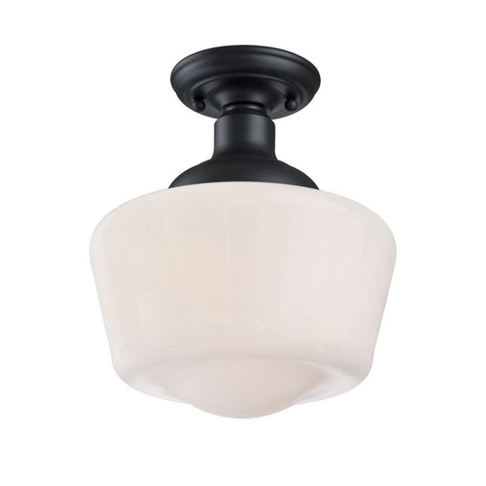 Westinghouse Scholar 9in 1-Light Semi-Flush Mount | Vintage Textured Black and White Opal Glass | Porch & Entryway | 60W, Damp Rated | Model 6578300