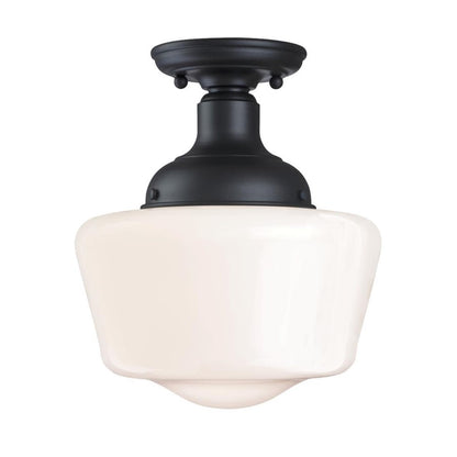 Westinghouse Scholar 9in 1-Light Semi-Flush Mount | Vintage Textured Black and White Opal Glass | Porch & Entryway | 60W, Damp Rated | Model 6578300