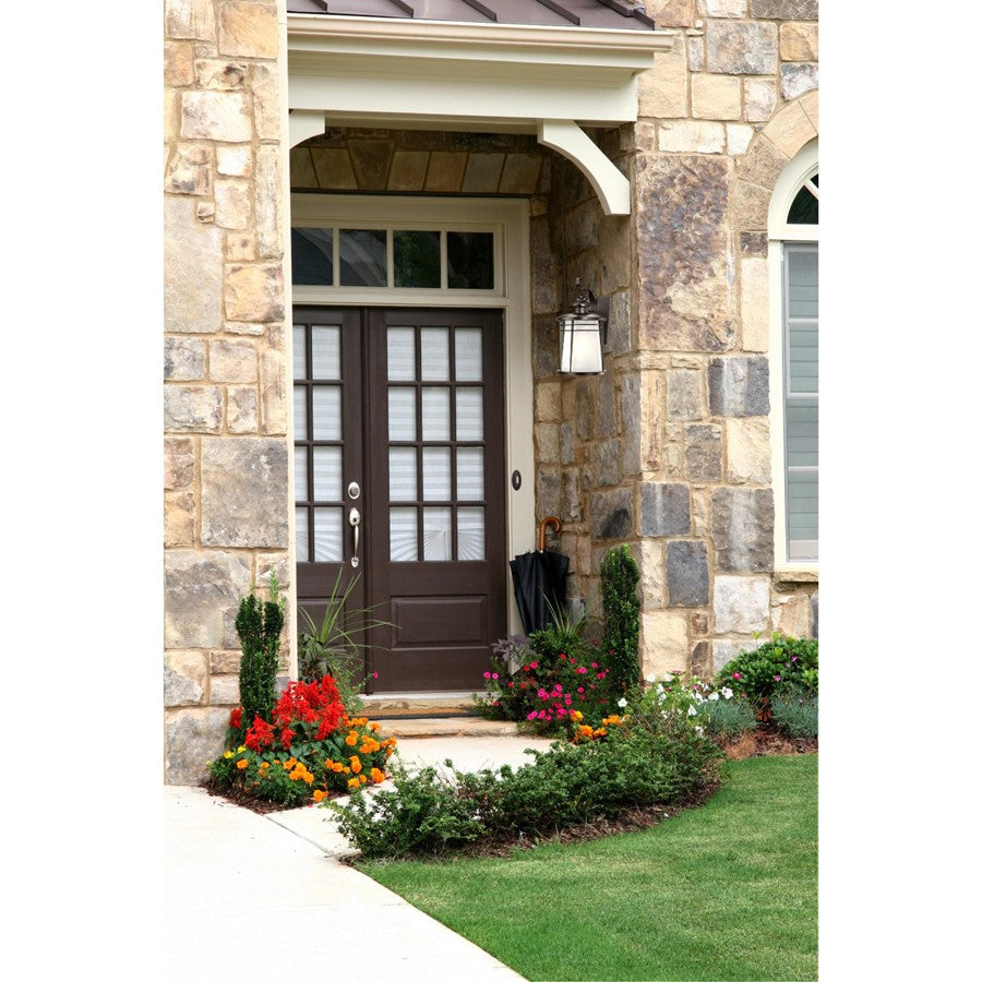 Westinghouse Senecaville 16in 1-Light Outdoor Sconce | Transitional Weathered Bronze and Alabaster Glass | Entryway & Garage | Model 6674200