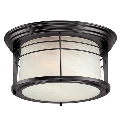 Westinghouse Senecaville 12in 2-Light Flush Mount | Transitional Weathered Bronze and Alabaster Glass | Entryway & Covered Porch | Model 6674600