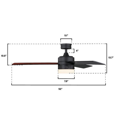 Westinghouse Alta Vista 52in 3-Blade Ceiling Fan with Light | Contemporary Matte Black and Opal Frosted Glass | Living Room & Great | Model 7205900