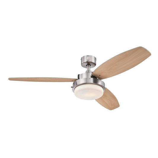 Westinghouse Alloy LED 52in 3-Blade Ceiling Fan | Brushed Nickel and Beech Plywood Blades | Living Room & Bedroom | 52 x 52 x 13 in | Model 7209000