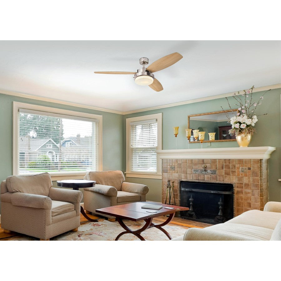 Westinghouse Alloy LED 52in 3-Blade Ceiling Fan | Brushed Nickel and Beech Plywood Blades | Living Room & Bedroom | 52 x 52 x 13 in | Model 7209000