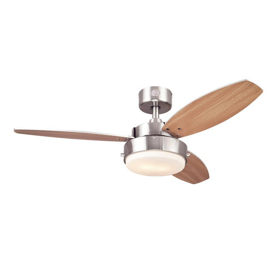 Westinghouse Alloy 42in 3-Blade Ceiling Fan | Brushed Nickel and Beech MDF Blades with Opal Frosted Glass | Small Bedrooms & Offices | Model 7221600