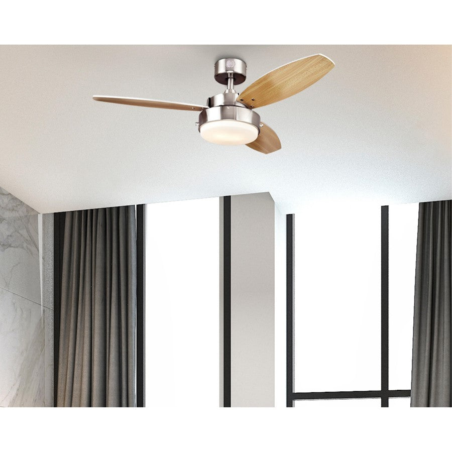 Westinghouse Alloy 42in 3-Blade Ceiling Fan | Brushed Nickel and Beech MDF Blades with Opal Frosted Glass | Small Bedrooms & Offices | Model 7221600