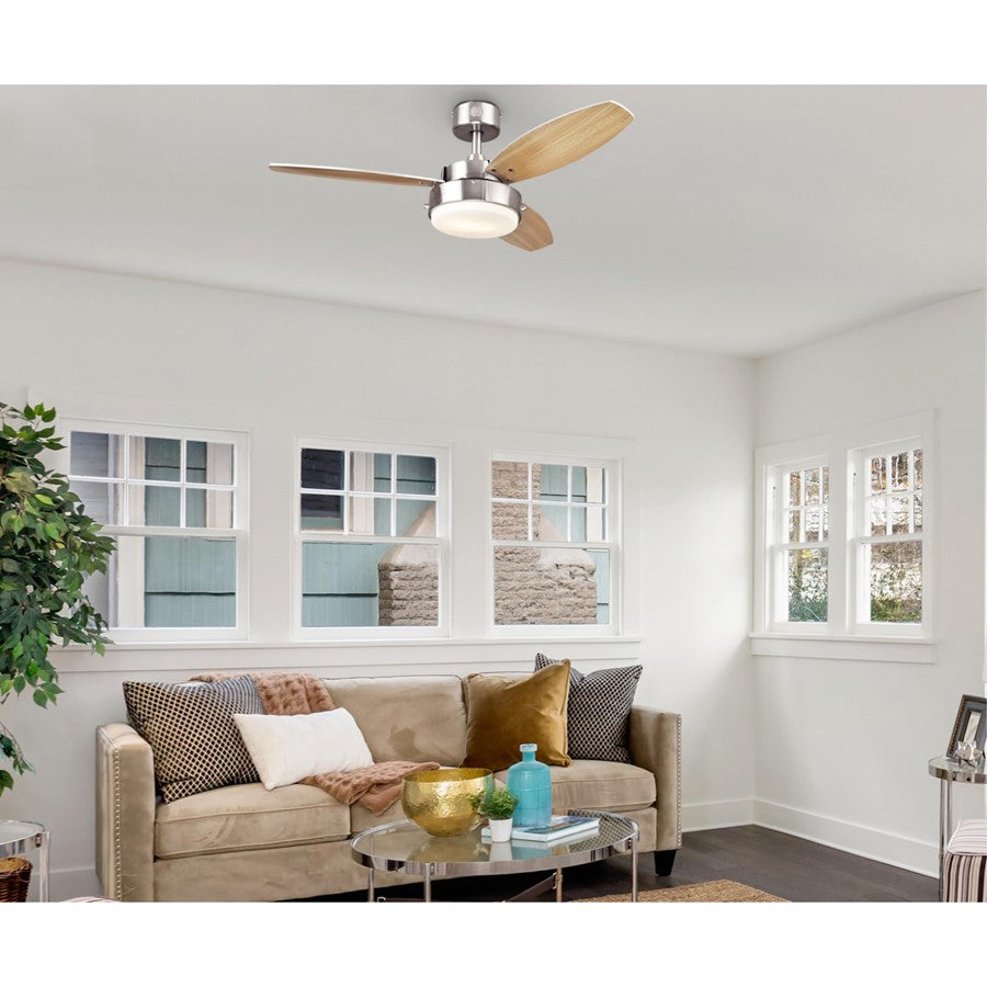 Westinghouse Alloy 42in 3-Blade Ceiling Fan | Brushed Nickel and Beech MDF Blades with Opal Frosted Glass | Small Bedrooms & Offices | Model 7221600