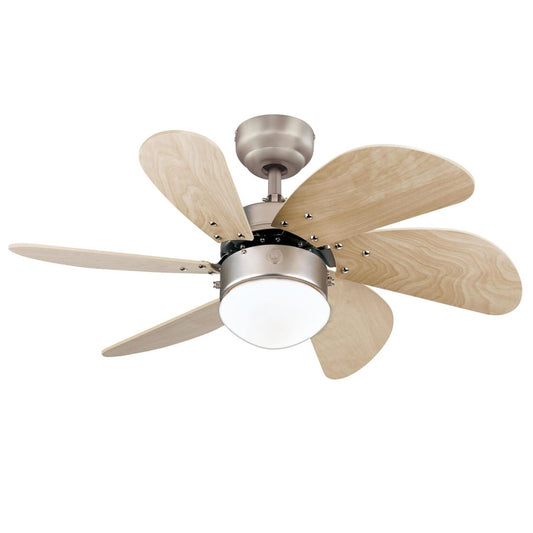 Westinghouse Turbo Swirl 30in 6-Blade LED Ceiling Fan | Brushed Aluminum and Light Maple MDF | Small Bedrooms & Kitchens | Model 7224000