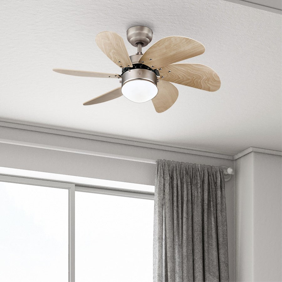 Westinghouse Turbo Swirl 30in 6-Blade LED Ceiling Fan | Brushed Aluminum and Light Maple MDF | Small Bedrooms & Kitchens | Model 7224000