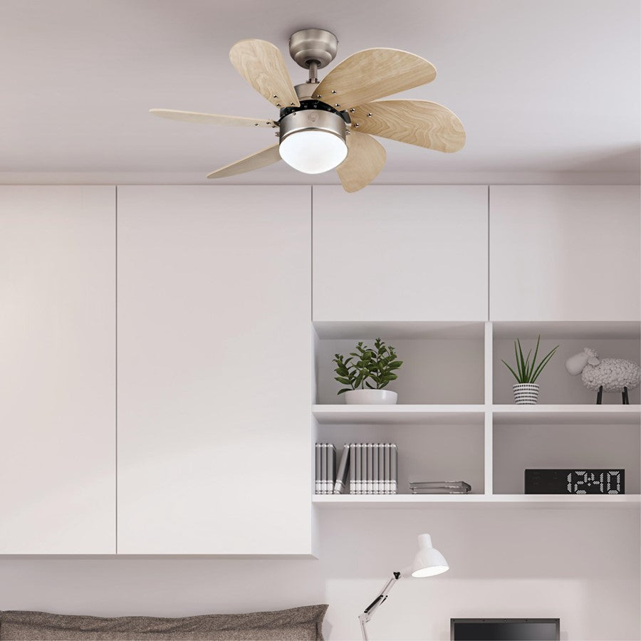 Westinghouse Turbo Swirl 30in 6-Blade LED Ceiling Fan | Brushed Aluminum and Light Maple MDF | Small Bedrooms & Kitchens | Model 7224000