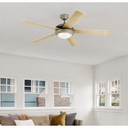 Westinghouse Comet 52in 5-Blade LED Ceiling Fan | Transitional Brushed Pewter and Light Maple Plywood Blades | Great Room & Living | Model 7234100