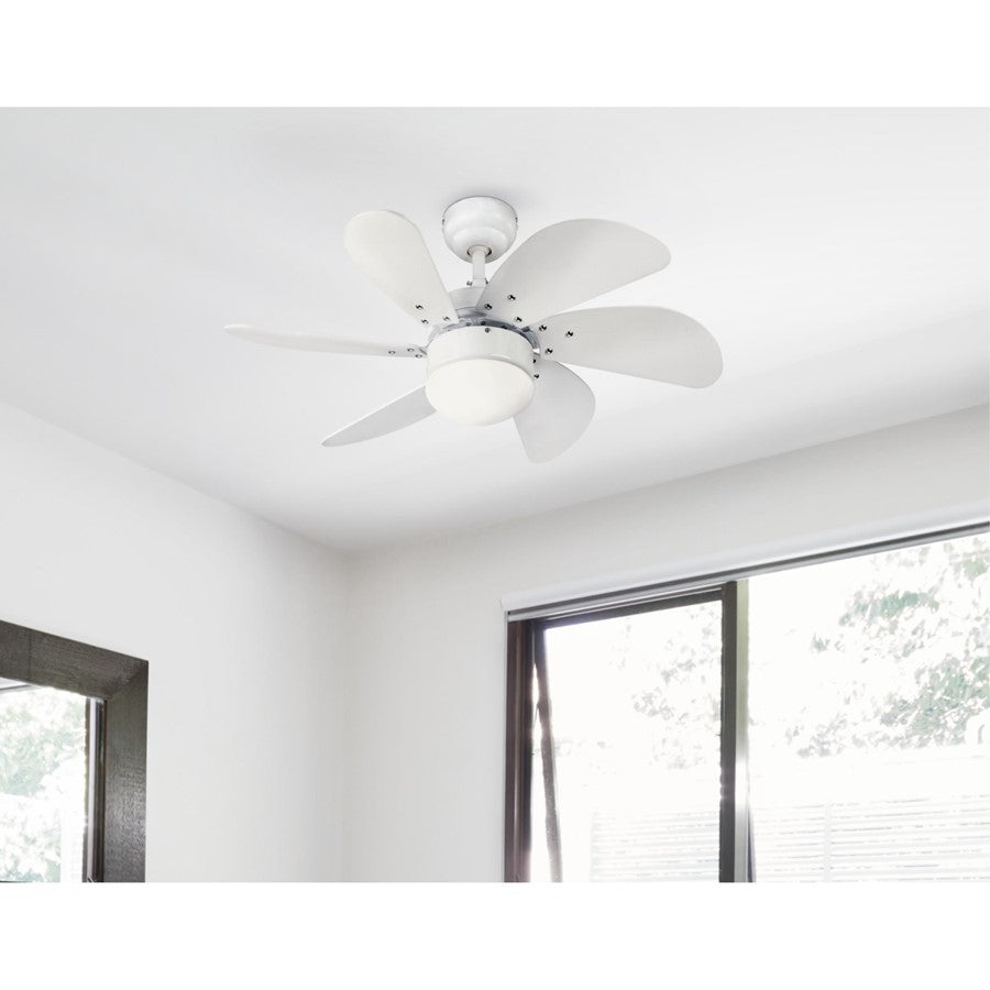 Westinghouse Turbo Swirl 30in 6-Blade Ceiling Fan | Contemporary White and Opal Frosted Glass | Small Bedrooms & Home Offices | Model 7234400