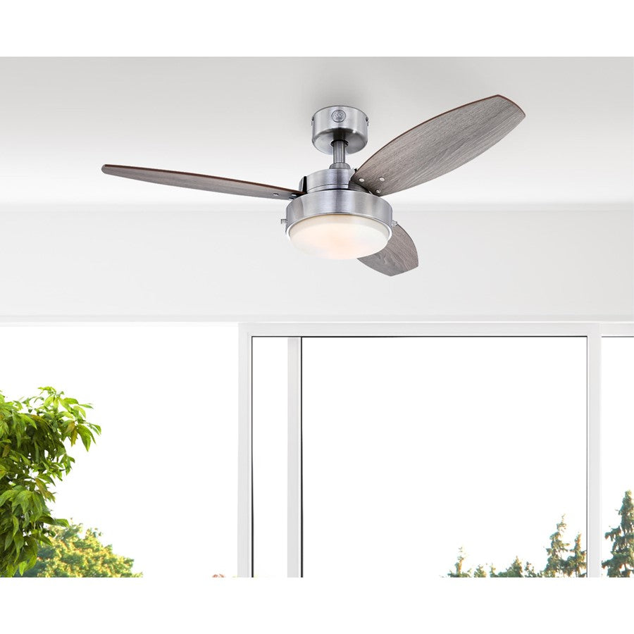 Westinghouse Alloy 42in 3-Blade Ceiling Fan | Contemporary Brushed Nickel and Weathered Oak MDF Blades | Small Rooms up to 100 sq ft | Model 7305100