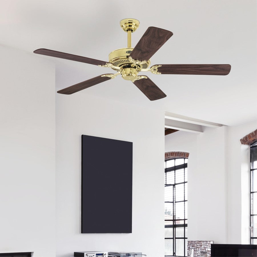 Westinghouse Contractor Choice 52in Ceiling Fan | Traditional Polished Brass and Walnut/Oak MDF Blades | Living Room & Bedroom Air | Model 7802100