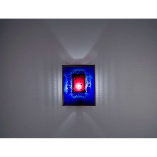 WPT Design FN 2 8in 1-Light Wall Sconce | Silver Steel and Red Window Blue Art Glass | Hallway & Bedroom | 8 x 4 x 10 in | Model FN2-SV-RWB-I