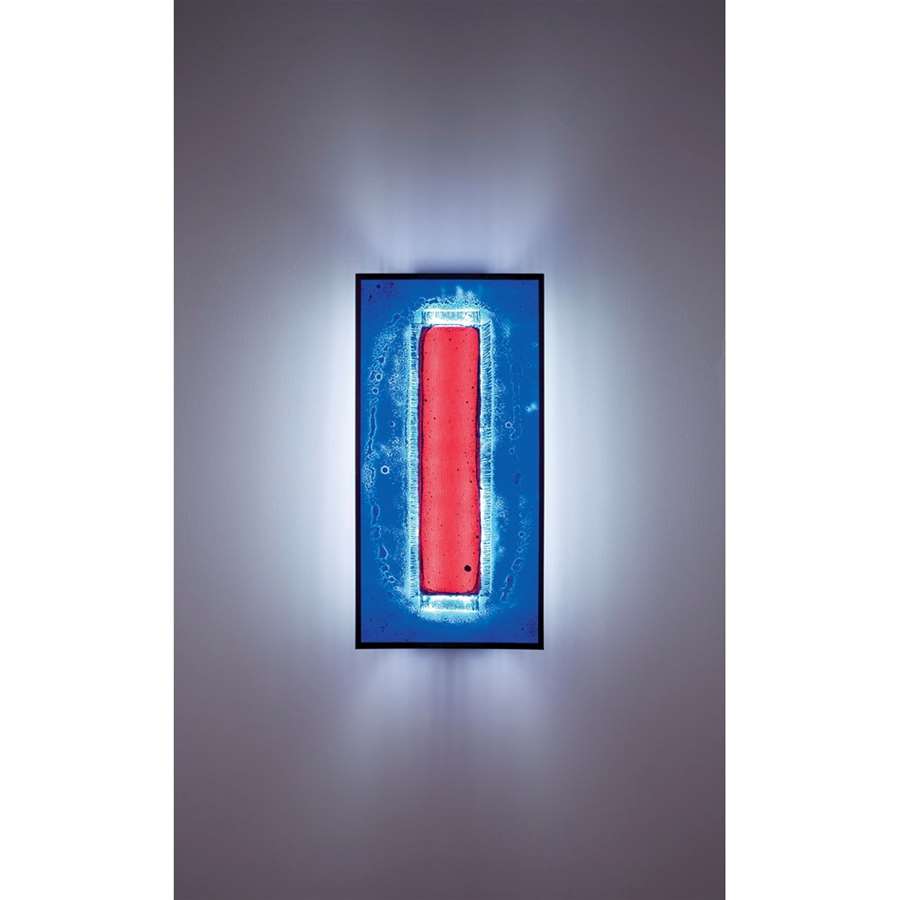 WPT Design FN Tall 12in 2-Light Wall Sconce | Bronze Steel and Red Window Blue Art Glass | Bathroom & Hallway | 12 x 4 x 24 in | Model FNTALL-BZ-RWB