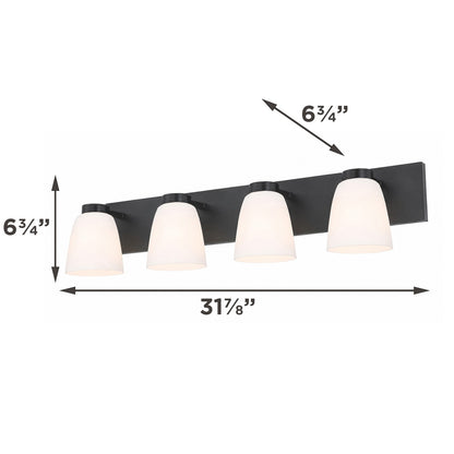 AFX Colleen 32in 4-Light Vanity Light | Transitional Matte Black and White Glass | Bathroom & Powder Room | 32 x 6.75 x 6.75 in | Model CEEV3206MBBK